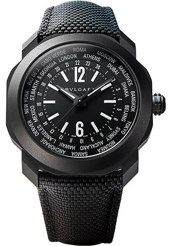 Bvlgari Octo Roma WorldTimer Watch - 41mm Black DLC Steel Case - Black Dial - Black Fabric Strap