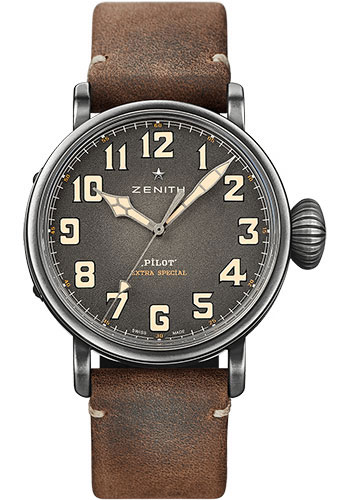 Zenith Pilot Type 20 Ton Up Watch - Aged Steel - Slate Grey Grained Dial - Brown Oily Nubuck Strap