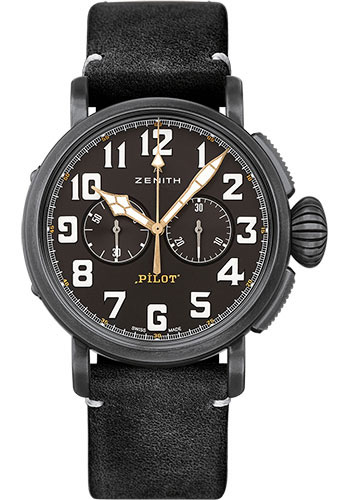 Zenith Pilot Type 20 Chronograph Ton-Up Watch - Aged Steel - Black Dial - Black Oily Nubuck Strap