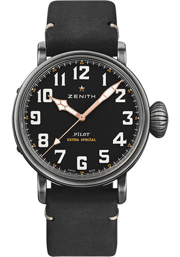 Zenith Pilot Type 20 Ton Up Watch - Aged Steel - Black Dial - Black Oily Nubuck Strap