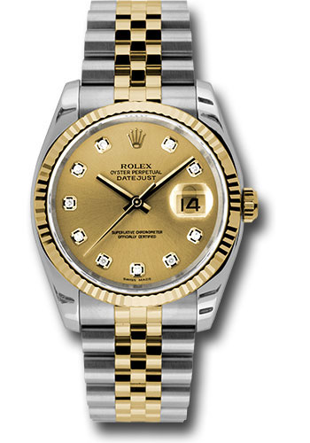 Rolex Steel and Yellow Gold Rolesor Datejust 36 Watch - Fluted Bezel - Champagne Diamond Dial - Jubilee Bracelet