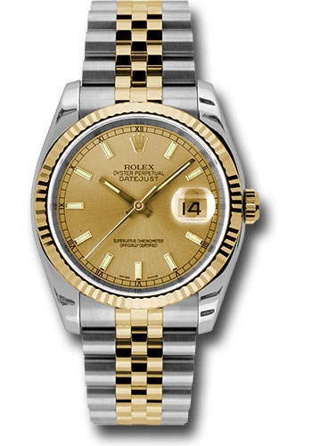 Rolex Steel and Yellow Gold Rolesor Datejust 36 Watch - Fluted Bezel - Champagne Index Dial - Jubilee Bracelet