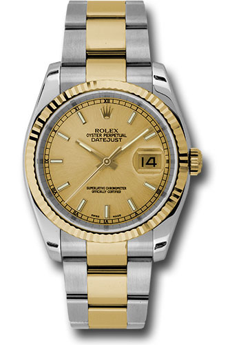 Rolex Steel and Yellow Gold Rolesor Datejust 36 Watch - Fluted Bezel - Champagne Index Dial - Oyster Bracelet