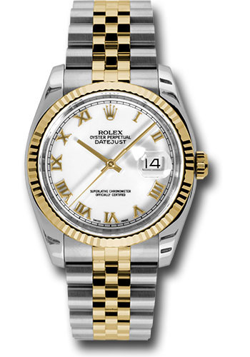 Rolex Steel and Yellow Gold Rolesor Datejust 36 Watch - Fluted Bezel - White Roman Dial - Jubilee Bracelet
