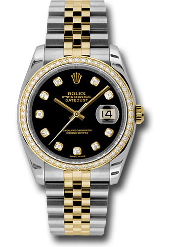 Rolex Steel and Yellow Gold Rolesor Datejust 36 Watch - 52 Brilliant-Cut Diamond Bezel - Black Diamond Dial - Jubilee Bracelet