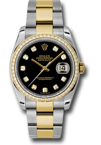 Rolex Steel and Yellow Gold Rolesor Datejust 36 Watch - 52 Diamond Bezel - Black Diamond Dial - Oyster Bracelet