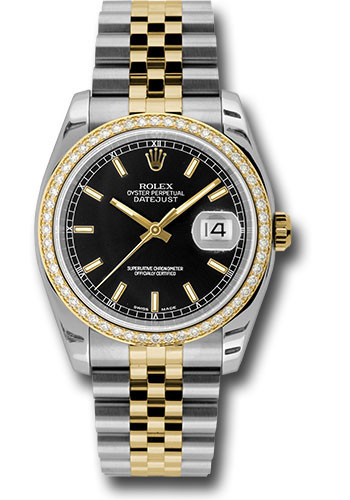 Rolex Steel and Yellow Gold Rolesor Datejust 36 Watch - 52 Brilliant-Cut Diamond Bezel - Black Index Dial - Jubilee Bracelet