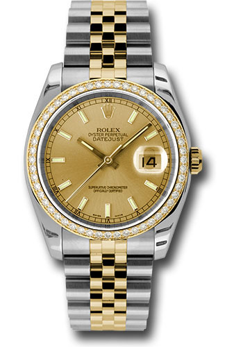 Rolex Steel and Yellow Gold Rolesor Datejust 36 Watch - 52 Brilliant-Cut Diamond Bezel - Champagne Index Dial - Jubilee Bracelet
