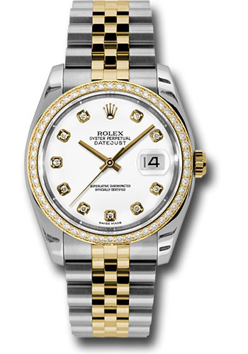 Rolex Steel and Yellow Gold Rolesor Datejust 36 Watch - 52 Brilliant-Cut Diamond Bezel - White Diamond Dial - Jubilee Bracelet