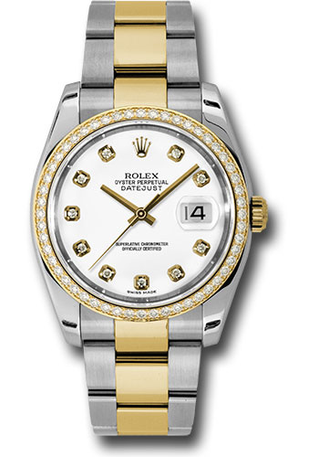Rolex Steel and Yellow Gold Rolesor Datejust 36 Watch - 52 Diamond Bezel - White Diamond Dial - Oyster Bracelet