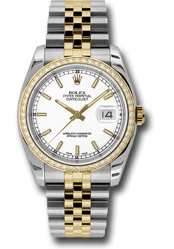 Rolex Steel and Yellow Gold Rolesor Datejust 36 Watch - 52 Brilliant-Cut Diamond Bezel - White Index Dial - Jubilee Bracelet