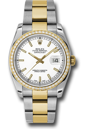Rolex Steel and Yellow Gold Rolesor Datejust 36 Watch - 52 Diamond Bezel - White Index Dial - Oyster Bracelet