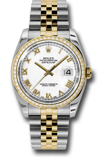 Rolex Steel and Yellow Gold Rolesor Datejust 36 Watch - 52 Brilliant-Cut Diamond Bezel - White Roman Dial - Jubilee Bracelet