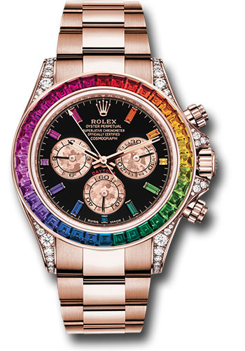 Rolex Everose Cosmograph Daytona 40 Watch - 36 Baguette-Cut Sapphires In Rainbow Graduation Bezel - Black Rainbow Sapphire Dial