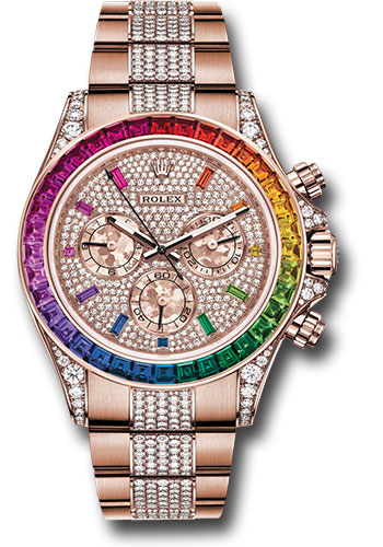 Rolex Everose Cosmograph Daytona 40 Watch - 36 Baguette-Cut Sapphires In Rainbow Graduation Bezel - Diamond Paved Rainbow Sapphire Dial - Diamond Bracelet