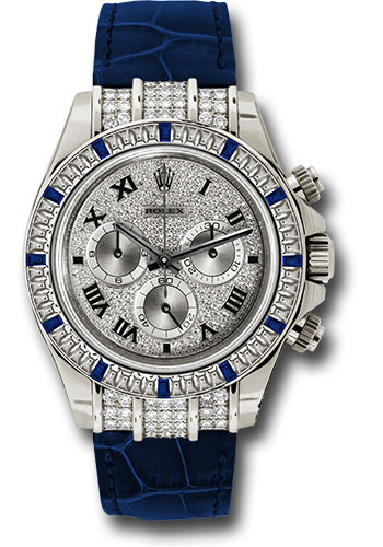 Rolex White Gold Cosmograph Daytona 40 Watch - Pave Diamond Enamel Roman Dial - Blue Leather Strap