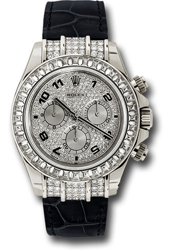 Rolex White Gold Cosmograph Daytona 40 Watch - Pave Diamond Enamel Arabic Dial - Black Leather Strap