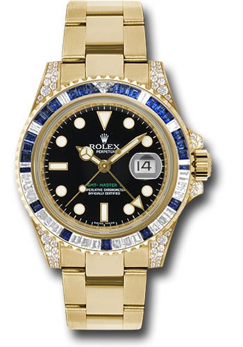 Rolex Yellow Gold GMT-Master II 40 Watch - Diamond And Blue Sapphire Bezel - Black Dial - Oyster Bracelet
