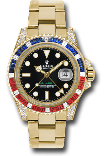 Rolex Yellow Gold GMT-Master II 40 Watch - Sapphire Ruby Diamond Bezel - Black Dial - Oyster Bracelet