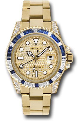 Rolex Yellow Gold GMT-Master II 40 Watch - Diamond And Blue Sapphire Bezel - Pave Diamond Dial - Oyster Bracelet