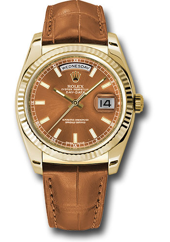Rolex Yellow Gold Day-Date 36 Watch - Fluted Bezel - Cognac Index Dial - Cognac Leather