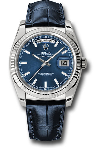 Rolex White Gold Day-Date 36 Watch - Fluted Bezel - Blue Index Dial - Blue Leather