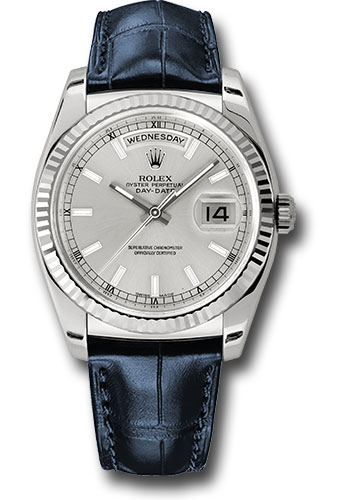 Rolex White Gold Day-Date 36 Watch - Fluted Bezel - Silver Index Dial - Blue Leather