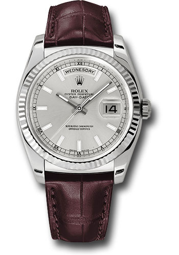 Rolex White Gold Day-Date 36 Watch - Fluted Bezel - Silver Index Dial - Brown Leather