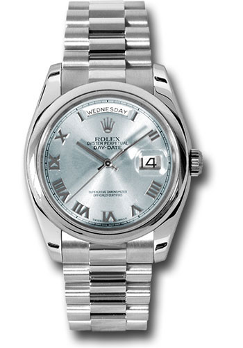 Rolex Platinum Day-Date 36 Watch - Domed Bezel - Glacier Blue Roman Dial - President Bracelet