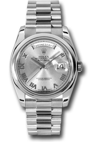 Rolex Platinum Day-Date 36 Watch - Domed Bezel - Rhodium Roman Dial - President Bracelet