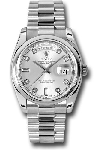 Rolex Platinum Day-Date 36 Watch - Domed Bezel - Silver Diamond Dial - President Bracelet