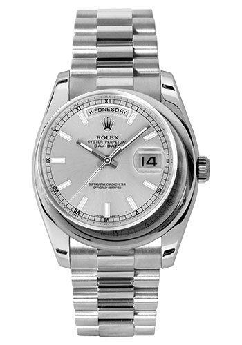 Rolex Platinum Day-Date 36 Watch - Domed Bezel - Silver Index Dial - President Bracelet