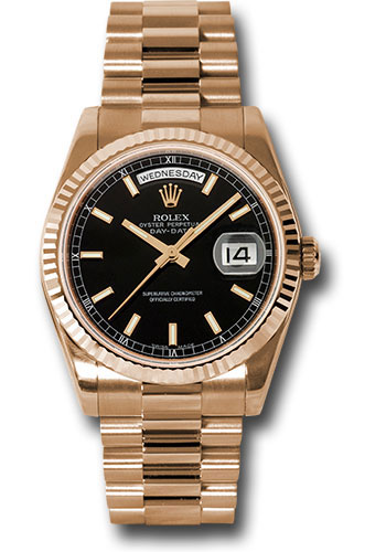 Rolex Pink Gold Day-Date 36 Watch - Fluted Bezel - Black Index Dial - President Bracelet