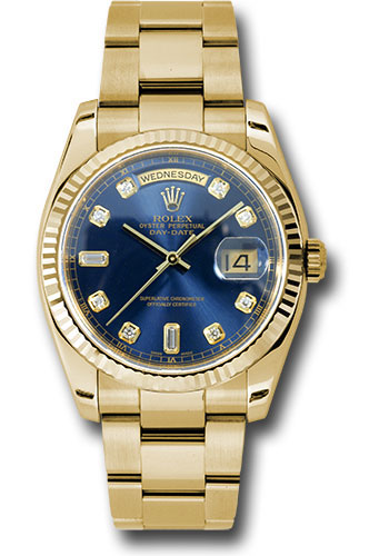 Rolex Yellow Gold Day-Date 36 Watch - Fluted Bezel - Blue Diamond Dial - Oyster Bracelet