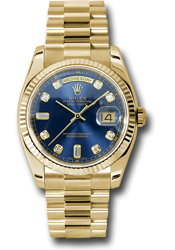 Rolex Yellow Gold Day-Date 36 Watch - Fluted Bezel - Blue Diamond Dial - President Bracelet