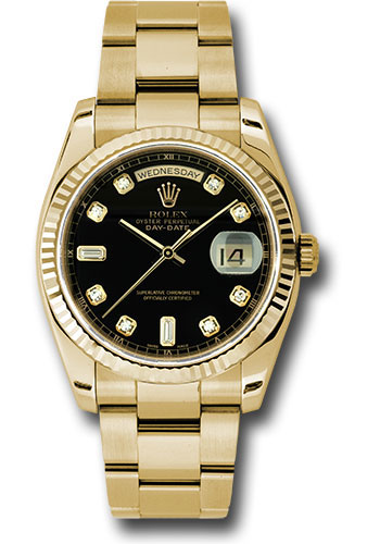 Rolex Yellow Gold Day-Date 36 Watch - Fluted Bezel - Black Diamond Dial - Oyster Bracelet