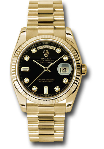 Rolex Yellow Gold Day-Date 36 Watch - Fluted Bezel - Black Diamond Dial - President Bracelet