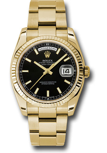 Rolex Yellow Gold Day-Date 36 Watch - Fluted Bezel - Black Index Dial - Oyster Bracelet