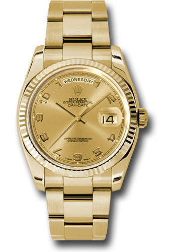 Rolex Yellow Gold Day-Date 36 Watch - Fluted Bezel - Champagne Arabic Dial - Oyster Bracelet