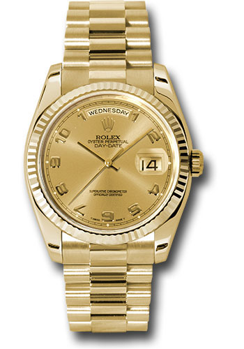 Rolex Yellow Gold Day-Date 36 Watch - Fluted Bezel - Champagne Arabic Dial - President Bracelet