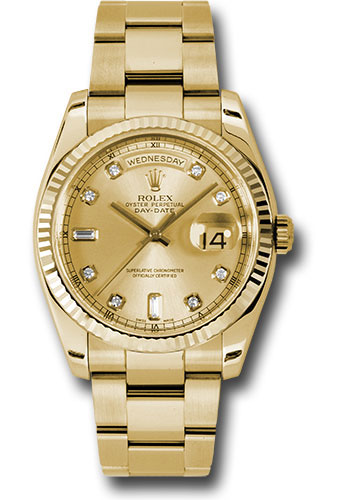 Rolex Yellow Gold Day-Date 36 Watch - Fluted Bezel - Champagne Diamond Dial - Oyster Bracelet