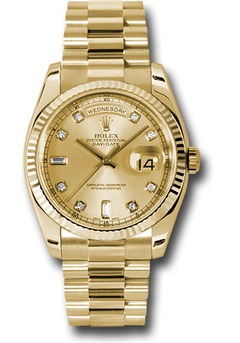 Rolex Yellow Gold Day-Date 36 Watch - Fluted Bezel - Champagne Diamond Dial - President Bracelet