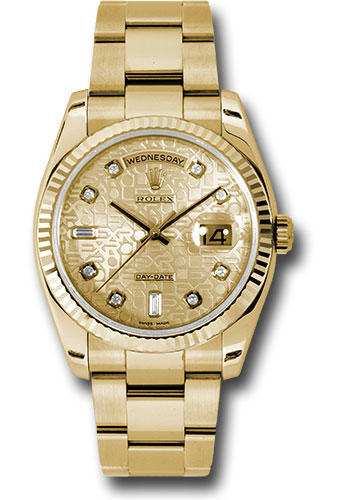 Rolex Yellow Gold Day-Date 36 Watch - Fluted Bezel - Champagne Jubilee Diamond Dial - Oyster Bracelet