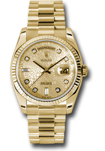 Rolex Yellow Gold Day-Date 36 Watch - Fluted Bezel - Champagne Jubilee Diamond Dial - President Bracelet