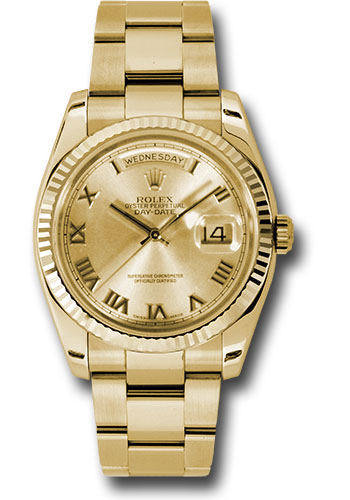 Rolex Yellow Gold Day-Date 36 Watch - Fluted Bezel - Champagne Roman Dial - Oyster Bracelet
