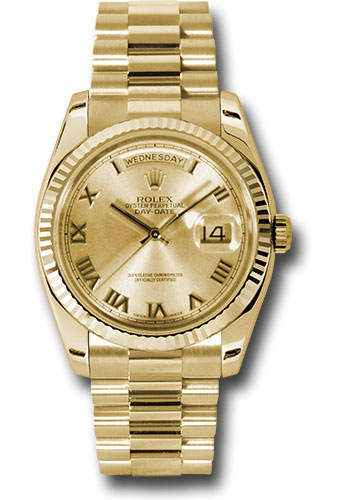 Rolex Yellow Gold Day-Date 36 Watch - Fluted Bezel - Champagne Roman Dial - President Bracelet