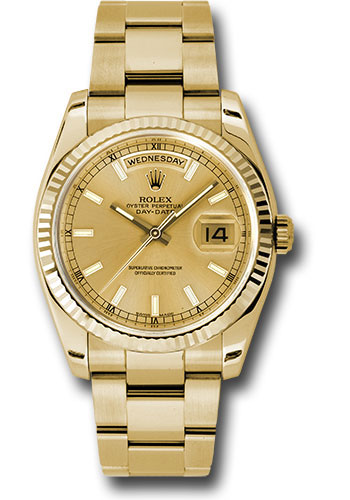 Rolex Yellow Gold Day-Date 36 Watch - Fluted Bezel - Champagne Index Dial - Oyster Bracelet