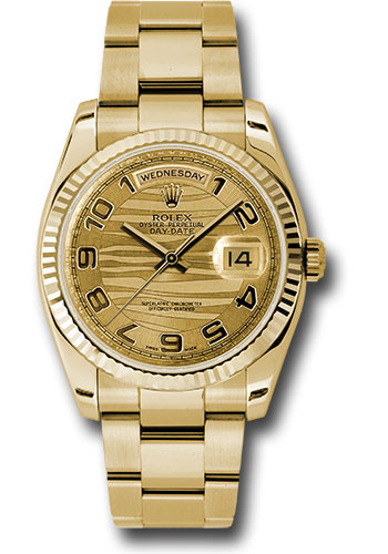 Rolex Yellow Gold Day-Date 36 Watch - Fluted Bezel - Champagne Wave Arabic Dial - Oyster Bracelet