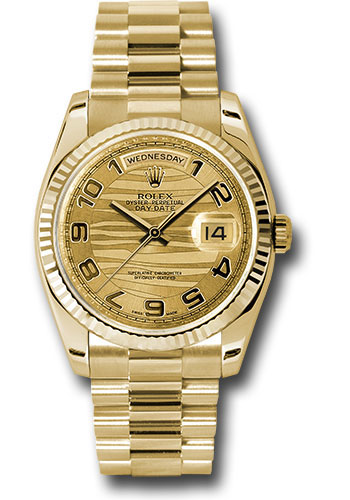 Rolex Yellow Gold Day-Date 36 Watch - Fluted Bezel - Champagne Wave Arabic Dial - President Bracelet