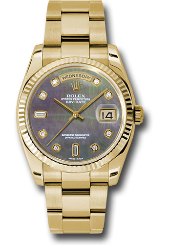 Rolex Yellow Gold Day-Date 36 Watch - Fluted Bezel - Dark Mother-Of-Pearl Diamond Dial - Oyster Bracelet